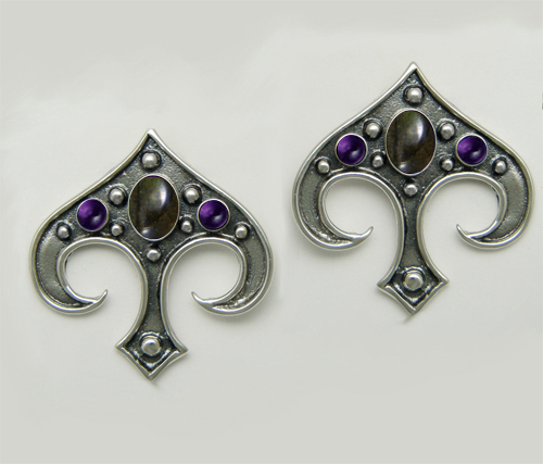 Sterling Silver Gothic Inspired Drop Dangle Earrings With Spectrolite And Amethyst